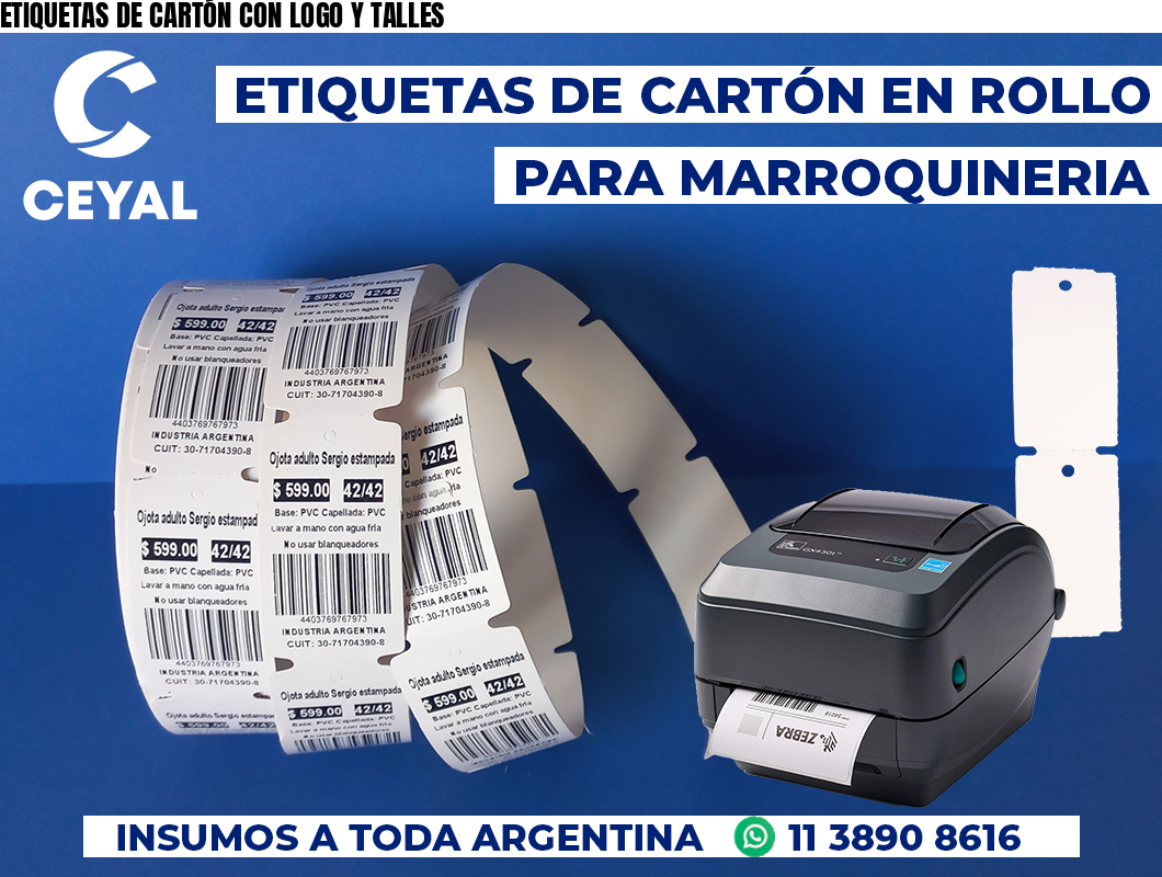 ETIQUETAS DE CARTÓN CON LOGO Y TALLES