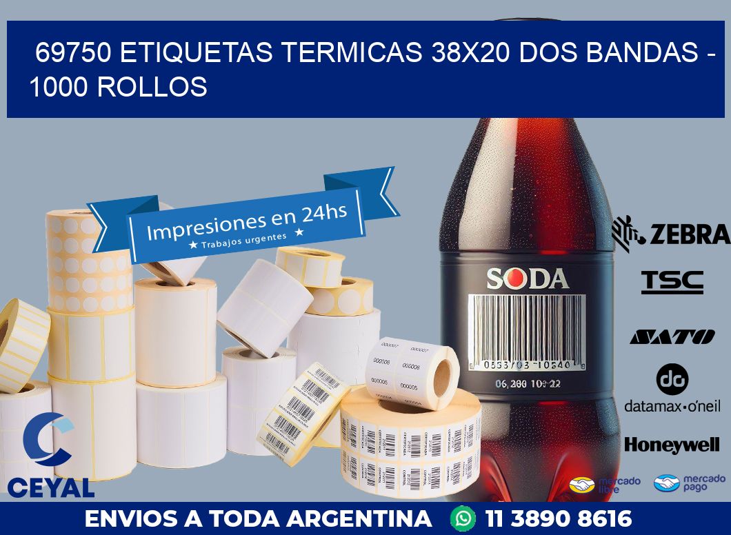 69750 ETIQUETAS TERMICAS 38X20 DOS BANDAS – 1000 ROLLOS