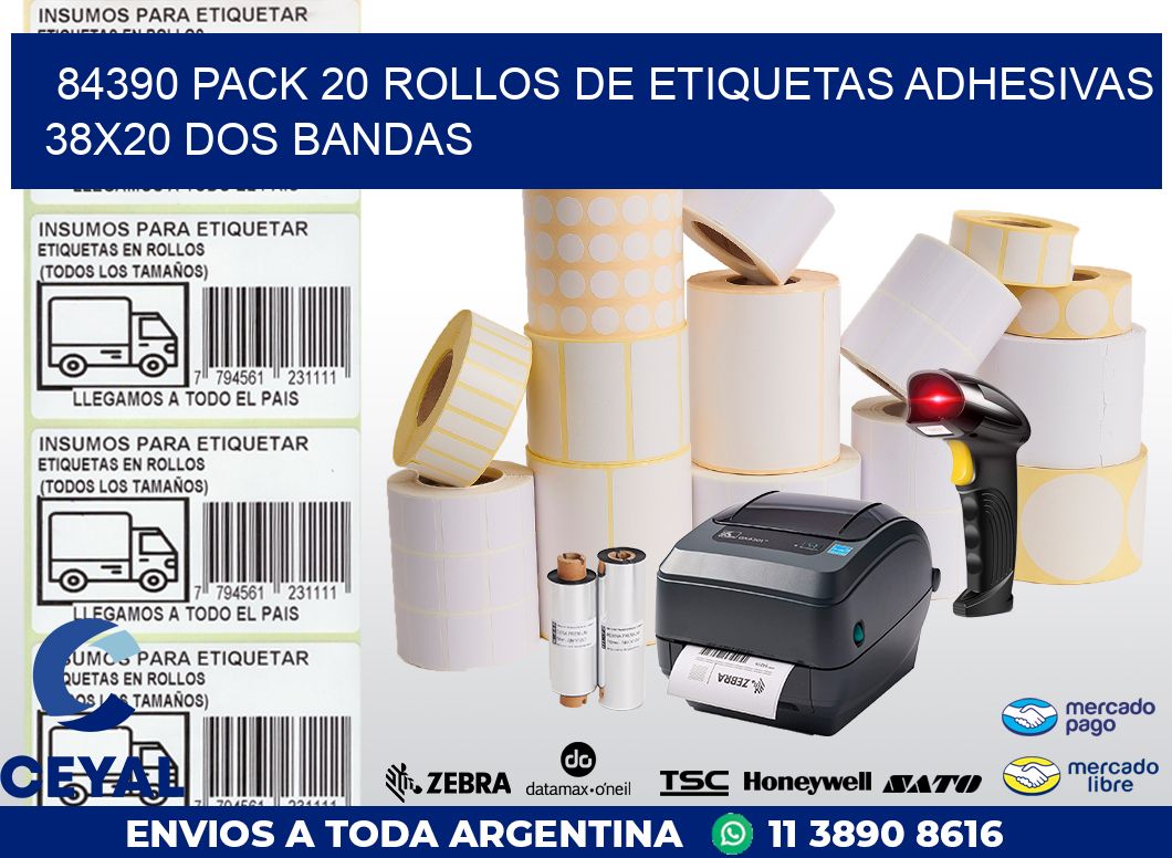 84390 PACK 20 ROLLOS DE ETIQUETAS ADHESIVAS 38X20 DOS BANDAS