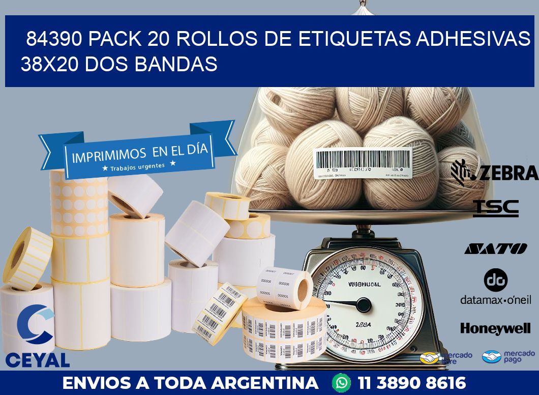 84390 PACK 20 ROLLOS DE ETIQUETAS ADHESIVAS 38X20 DOS BANDAS