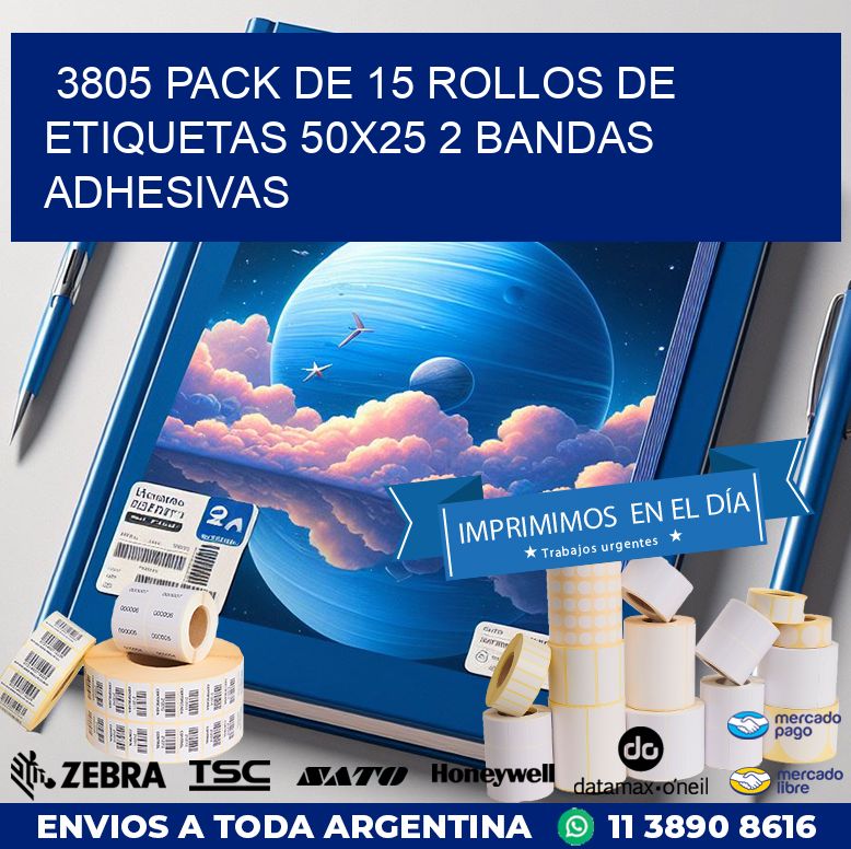3805 PACK DE 15 ROLLOS DE ETIQUETAS 50X25 2 BANDAS ADHESIVAS