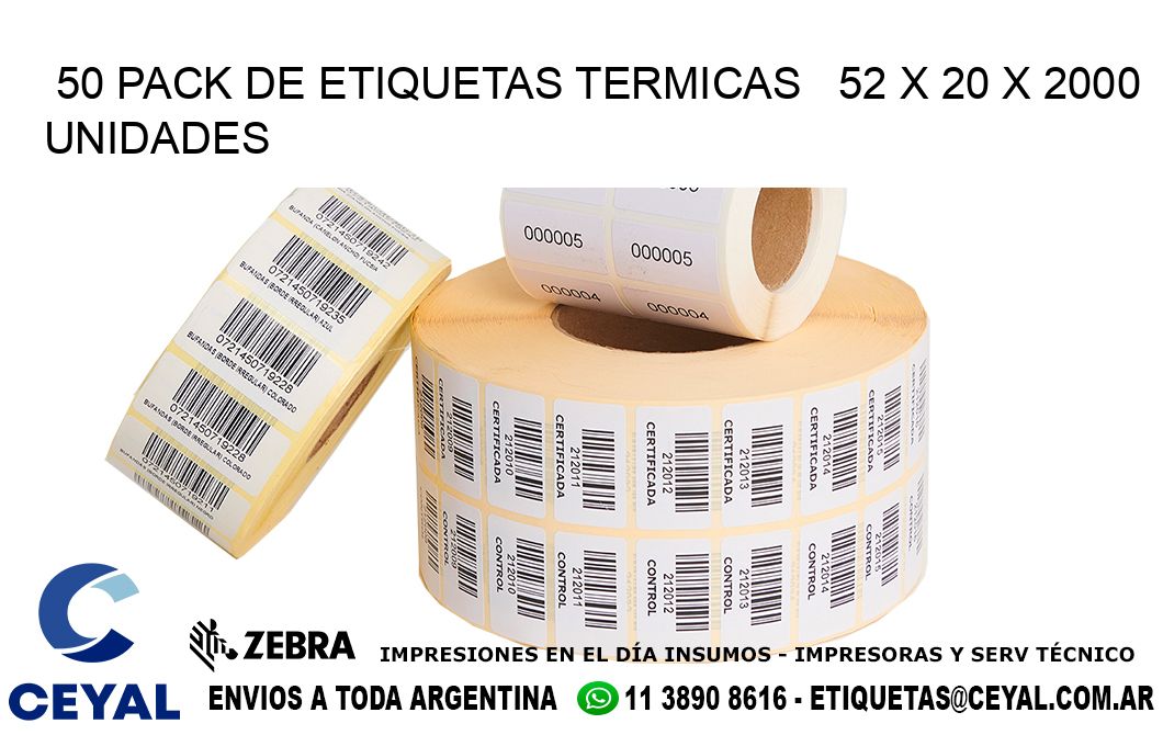 50 PACK DE ETIQUETAS TERMICAS 52 x 20 X 2000 UNIDADES