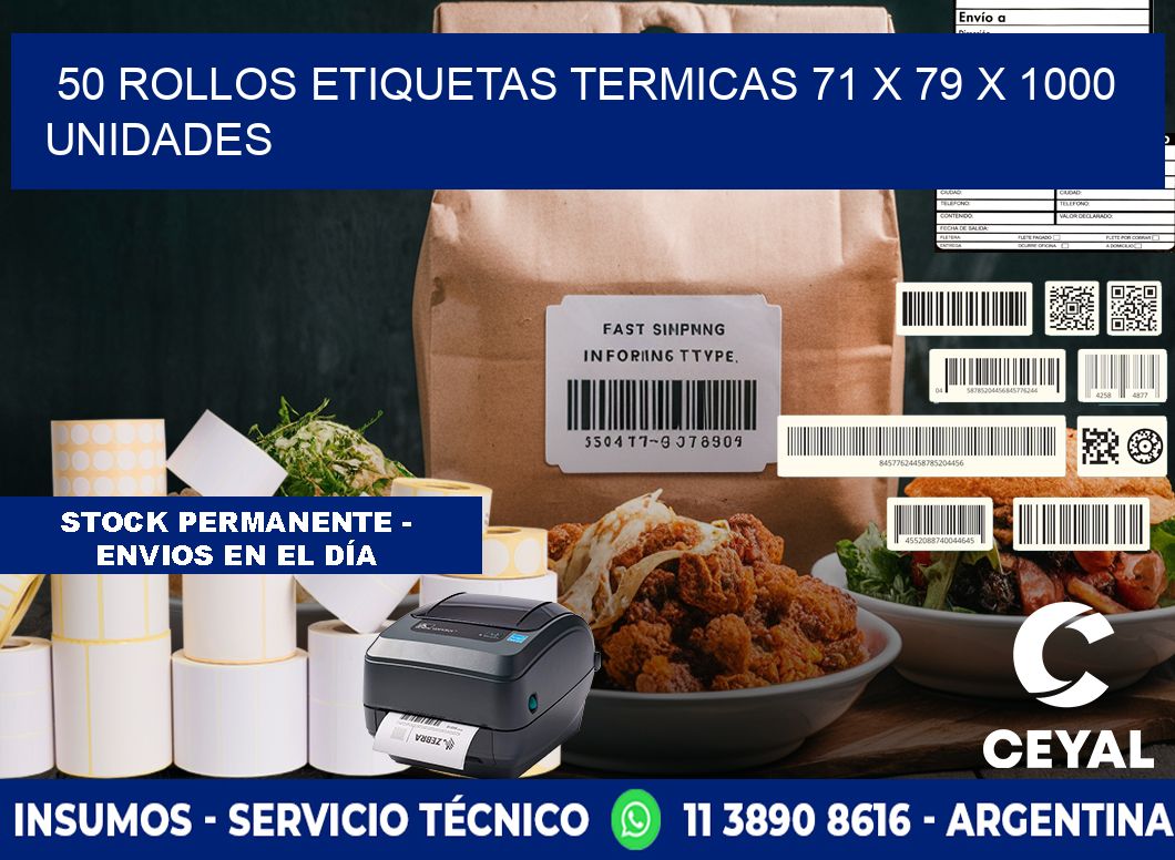 50 ROLLOS ETIQUETAS TERMICAS 71 x 79 X 1000 UNIDADES