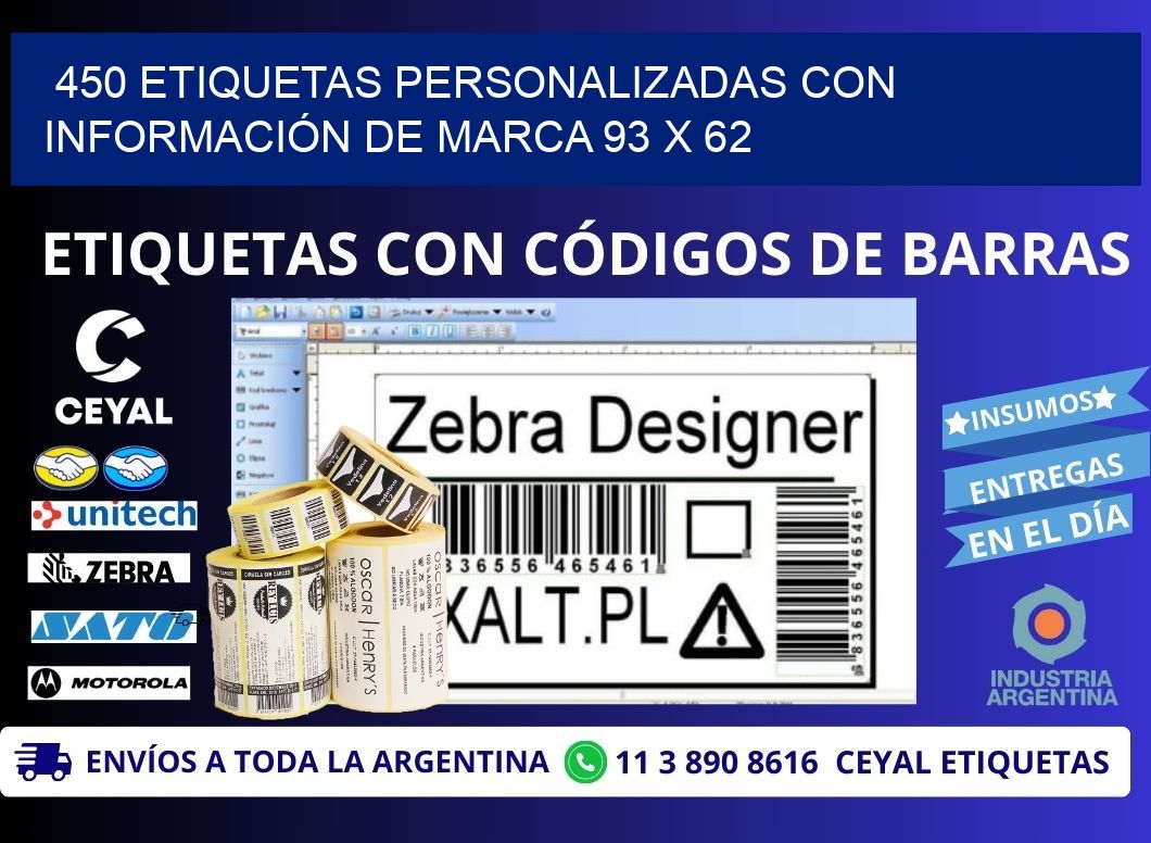 450 ETIQUETAS PERSONALIZADAS CON INFORMACIÓN DE MARCA 93 x 62