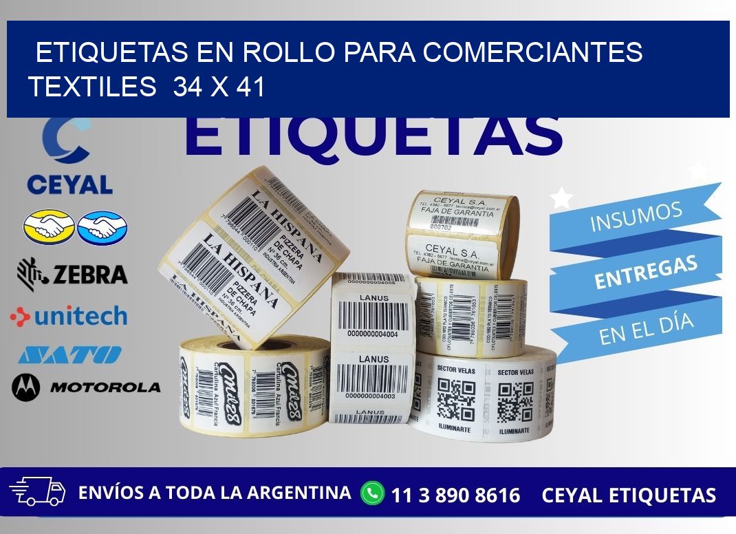 ETIQUETAS EN ROLLO PARA COMERCIANTES TEXTILES 34 x 41
