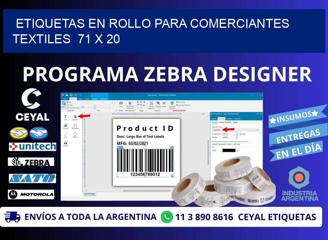 ETIQUETAS EN ROLLO PARA COMERCIANTES TEXTILES 71 x 20
