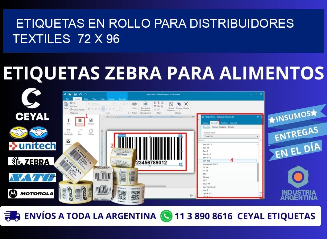 ETIQUETAS EN ROLLO PARA DISTRIBUIDORES TEXTILES 72 x 96