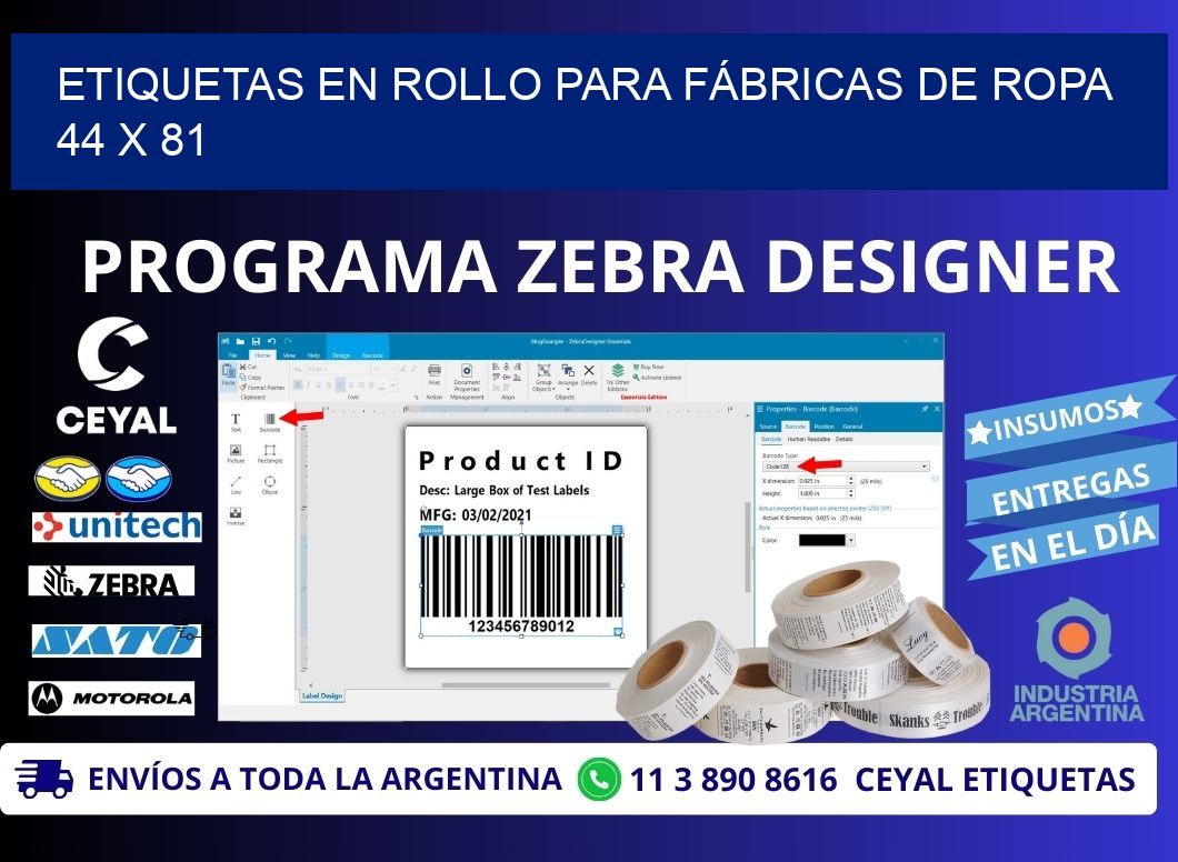 ETIQUETAS EN ROLLO PARA FÁBRICAS DE ROPA 44 x 81