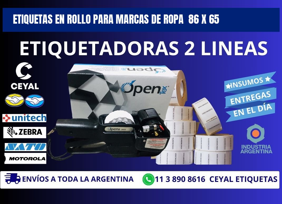 ETIQUETAS EN ROLLO PARA MARCAS DE ROPA  86 x 65