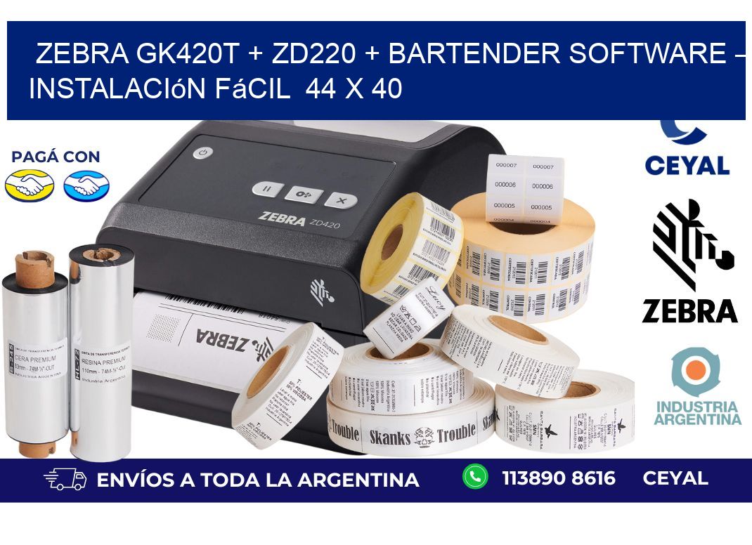 Zebra GK420T + ZD220 + BarTender Software – Instalación fácil  44 x 40