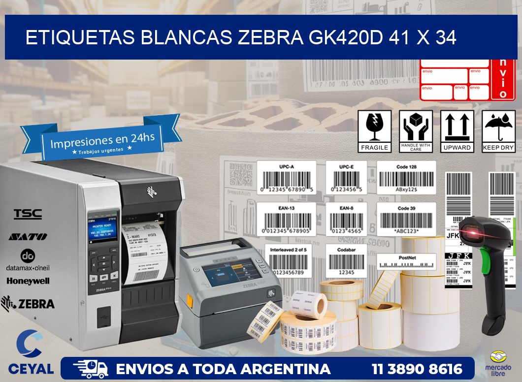 ETIQUETAS BLANCAS ZEBRA GK420D 41 x 34
