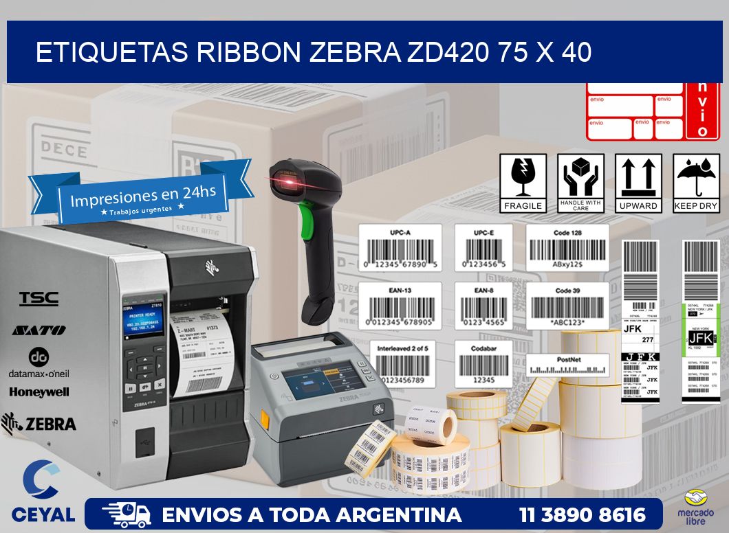 ETIQUETAS RIBBON Zebra ZD420 75 x 40