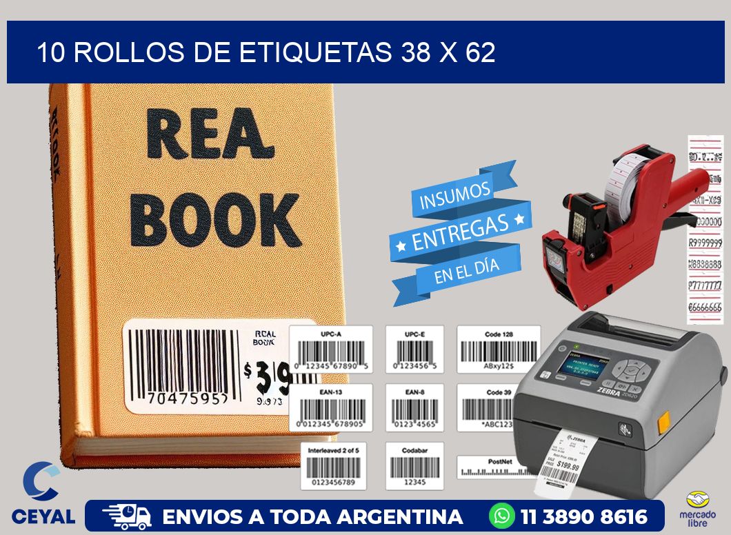 10 ROLLOS DE ETIQUETAS 38 x 62