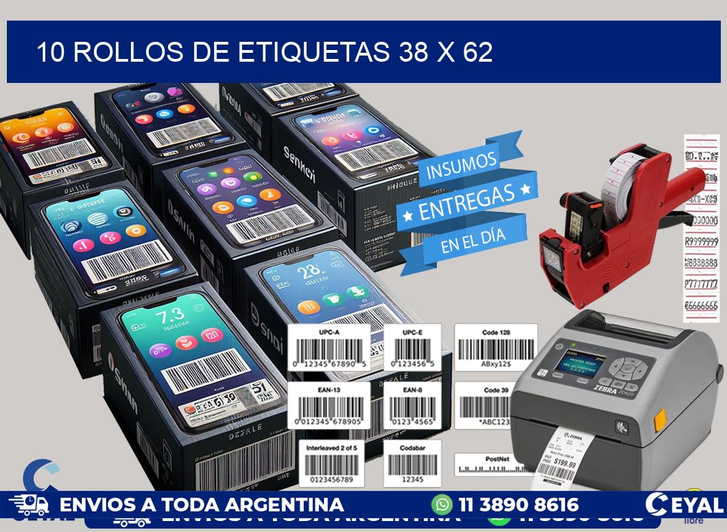 10 ROLLOS DE ETIQUETAS 38 x 62