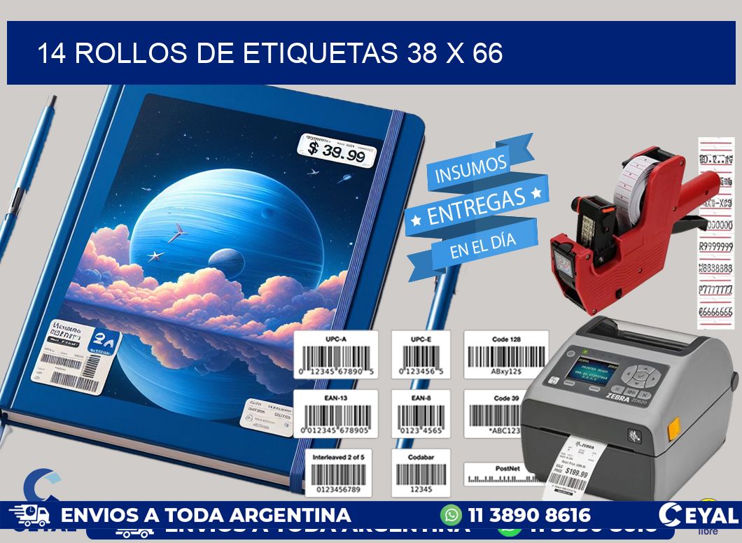 14 ROLLOS DE ETIQUETAS 38 x 66