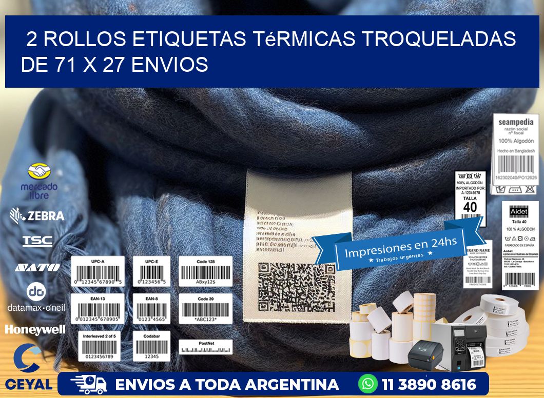 2 Rollos Etiquetas Térmicas Troqueladas De 71 x 27 ENVIOS