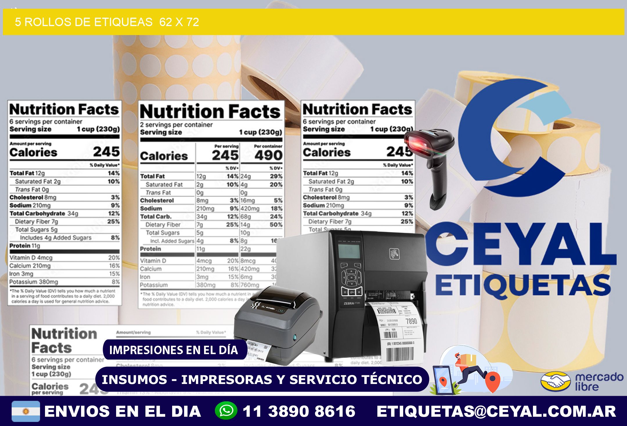 5 ROLLOS DE ETIQUEAS  62 x 72