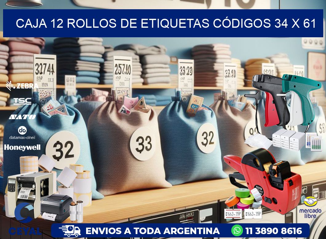 CAJA 12 ROLLOS DE ETIQUETAS CÓDIGOS 34 x 61