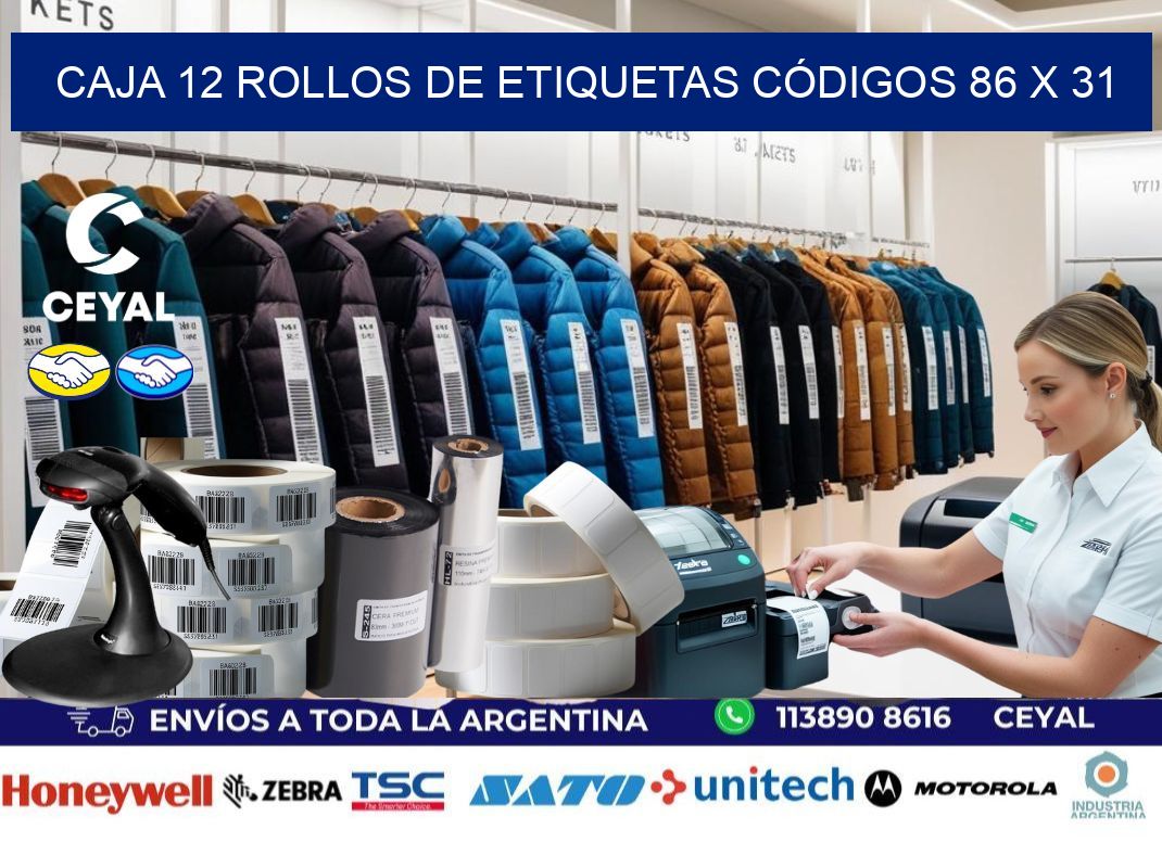 CAJA 12 ROLLOS DE ETIQUETAS CÓDIGOS 86 x 31