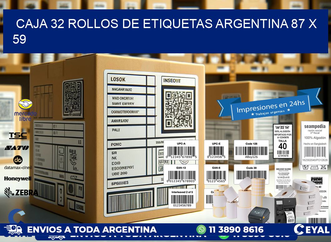 CAJA 32 ROLLOS DE ETIQUETAS ARGENTINA 87 x 59