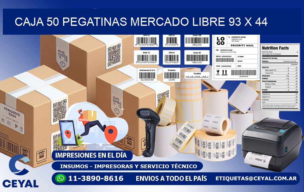 CAJA 50 PEGATINAS MERCADO LIBRE 93 x 44
