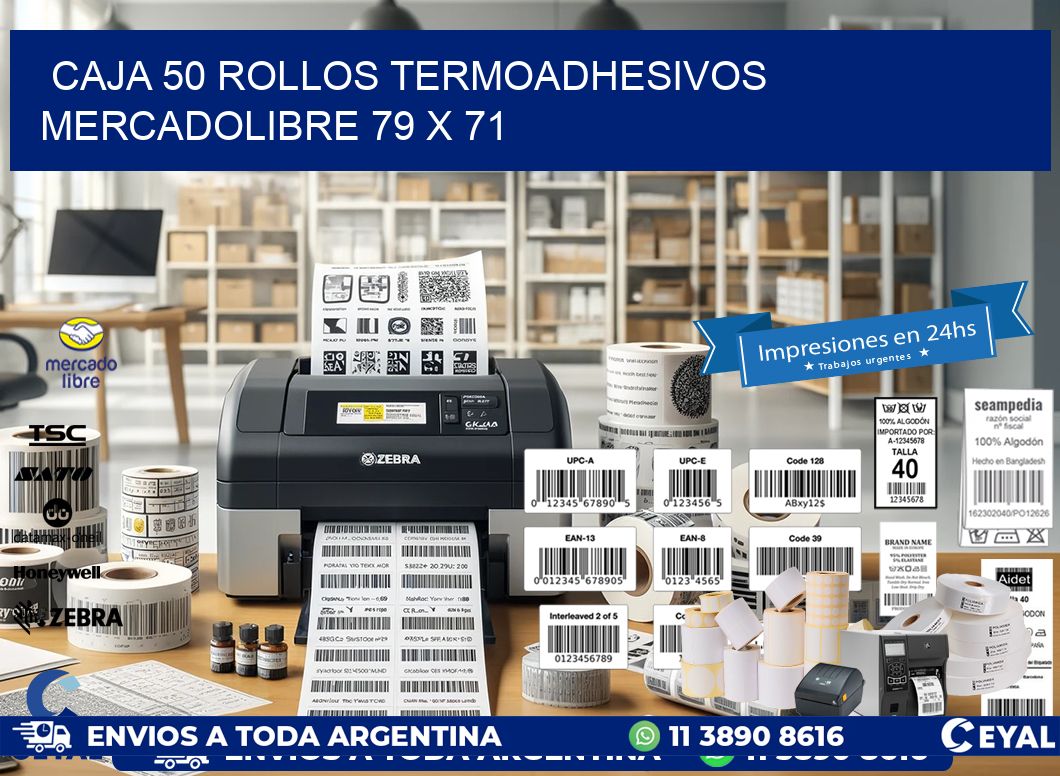 CAJA 50 ROLLOS TERMOADHESIVOS MERCADOLIBRE 79 x 71