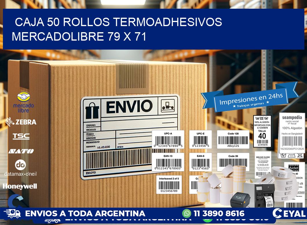 CAJA 50 ROLLOS TERMOADHESIVOS MERCADOLIBRE 79 x 71