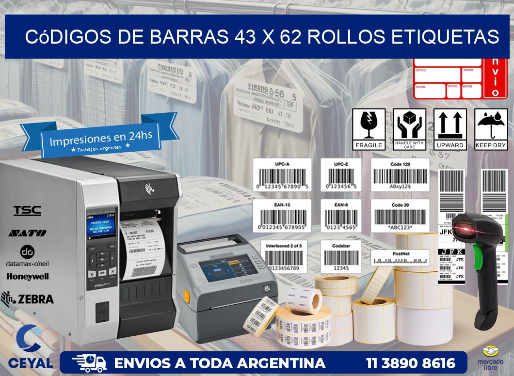 Códigos de Barras 43 x 62 ROLLOS ETIQUETAS