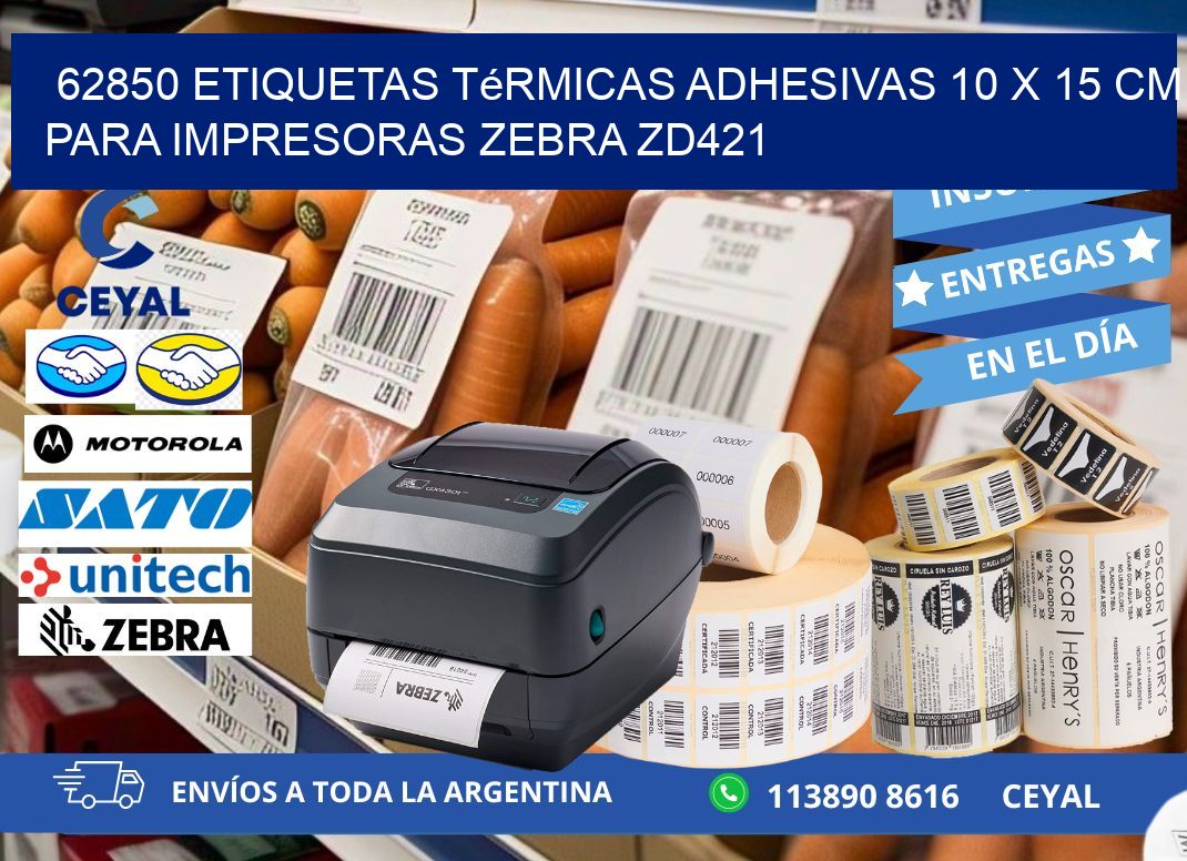 62850 Etiquetas Térmicas Adhesivas 10 x 15 cm para Impresoras Zebra ZD421