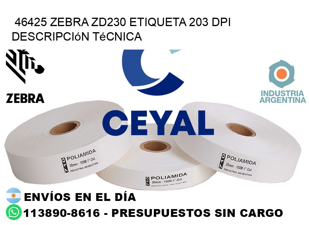 46425 Zebra ZD230 etiqueta 203 dpi descripción técnica