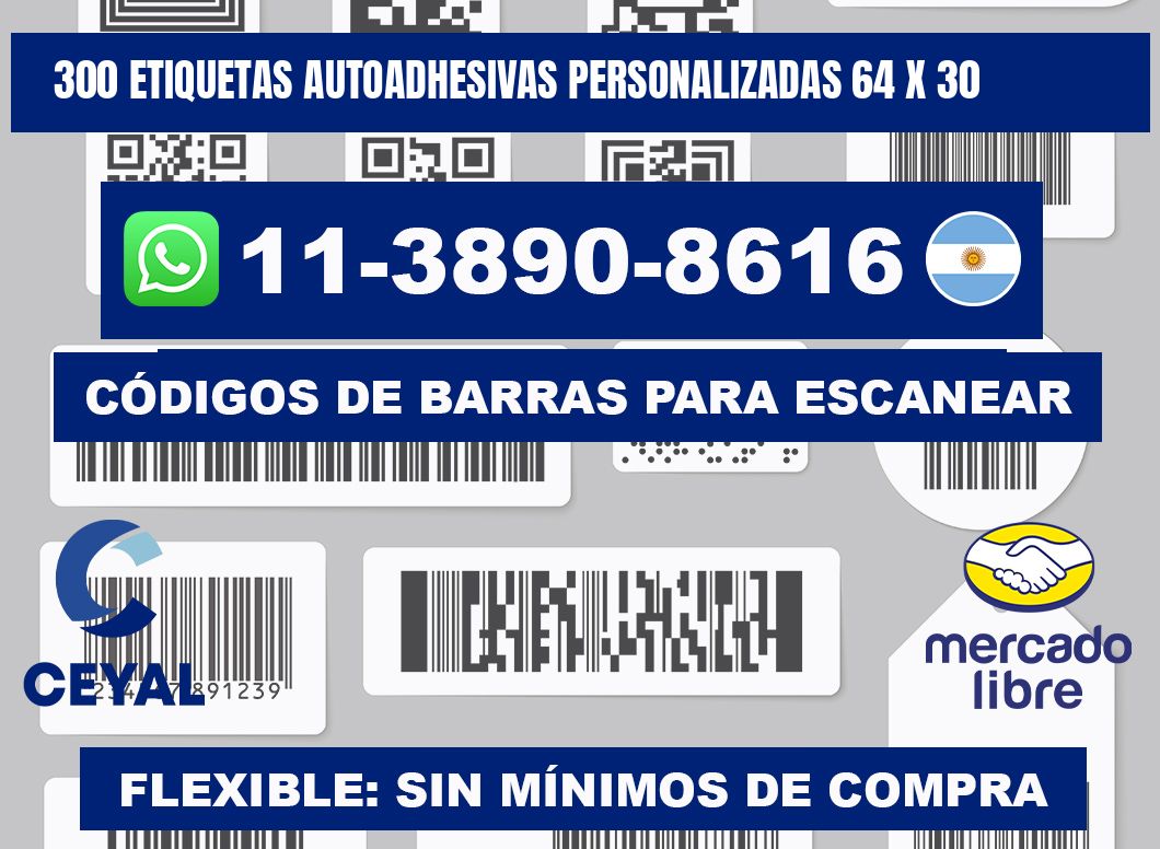 300 Etiquetas autoadhesivas personalizadas 64 x 30