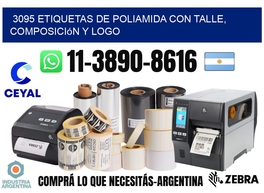3095 Etiquetas de poliamida con talle, composición y logo