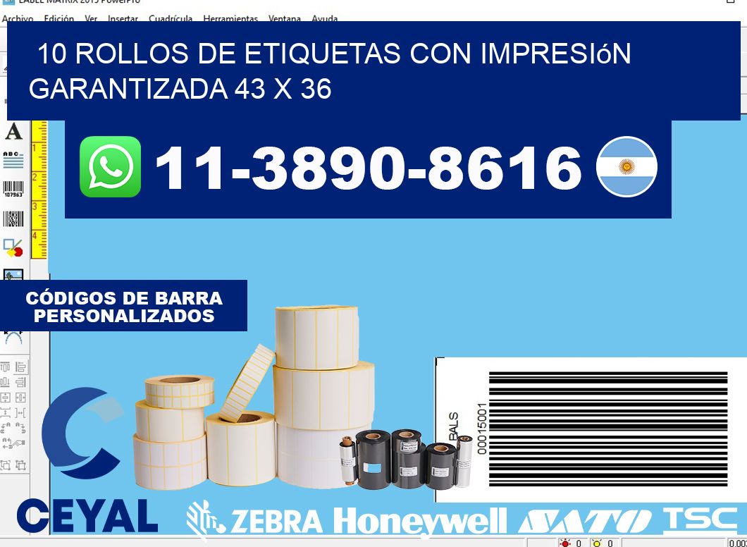 10 rollos de etiquetas con impresión garantizada 43 x 36