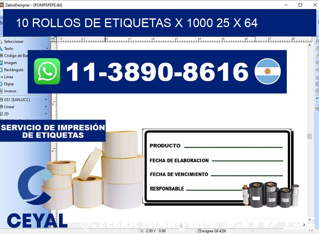 10 rollos de etiquetas x 1000 25 x 64