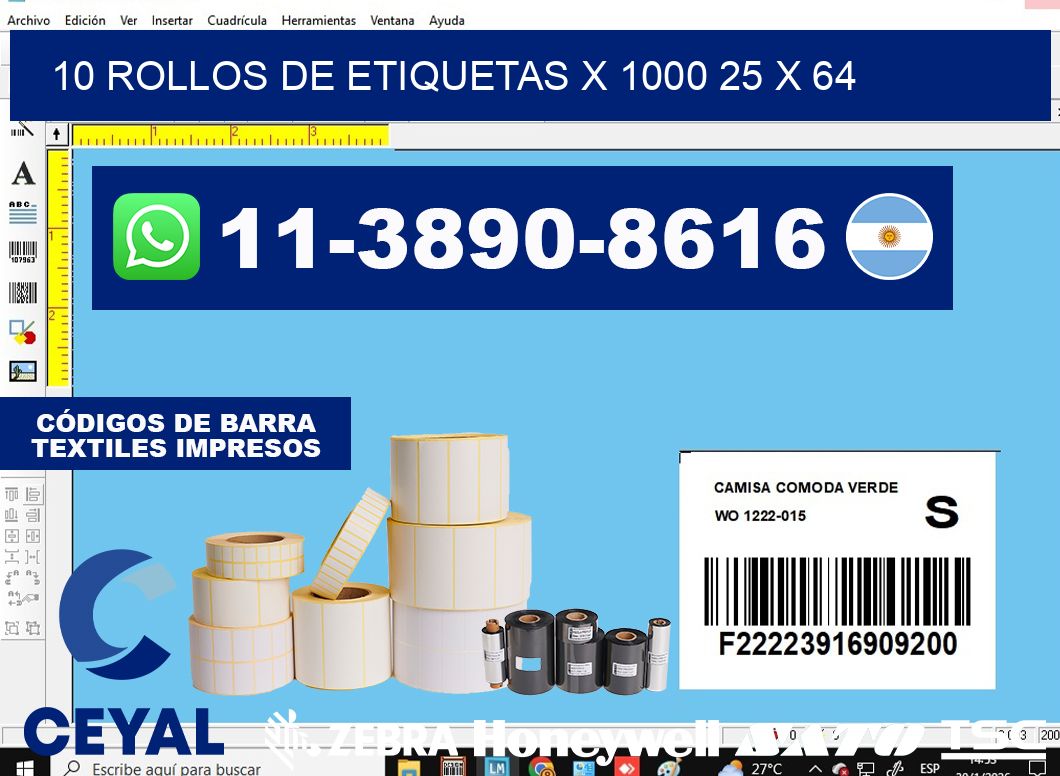 10 rollos de etiquetas x 1000 25 x 64