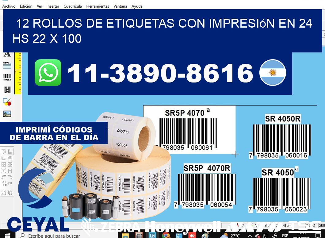 12 rollos de etiquetas con impresión en 24 hs 22 x 100