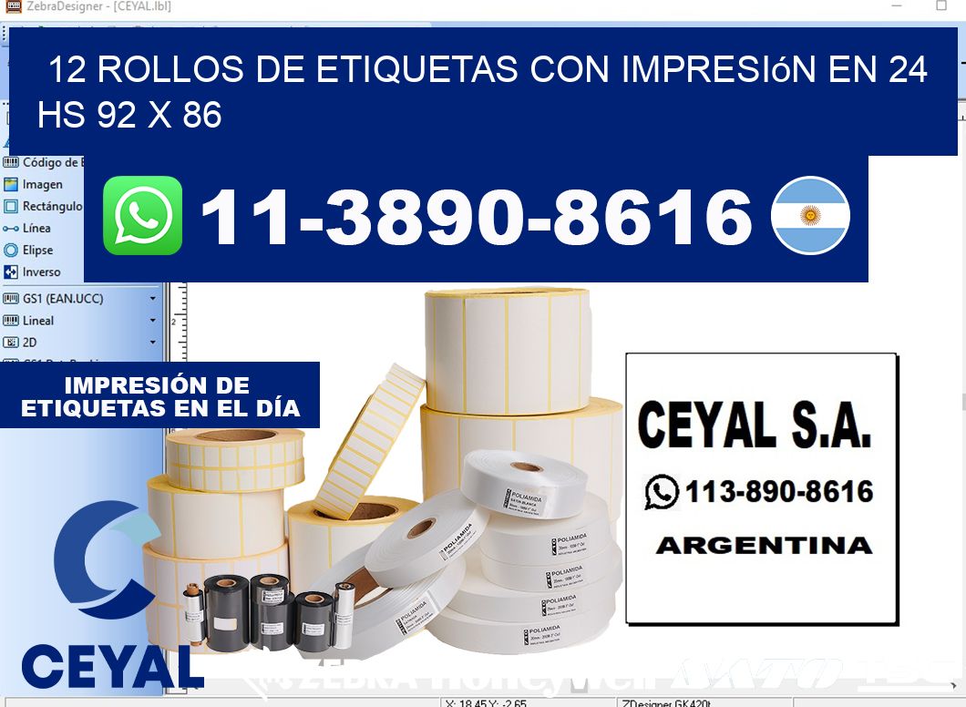 12 rollos de etiquetas con impresión en 24 hs 92 x 86