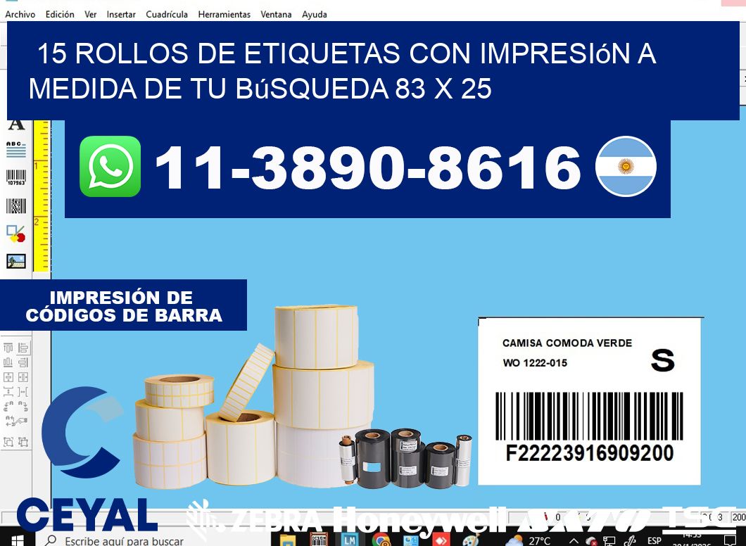15 rollos de etiquetas con impresión a medida de tu búsqueda 83 x 25