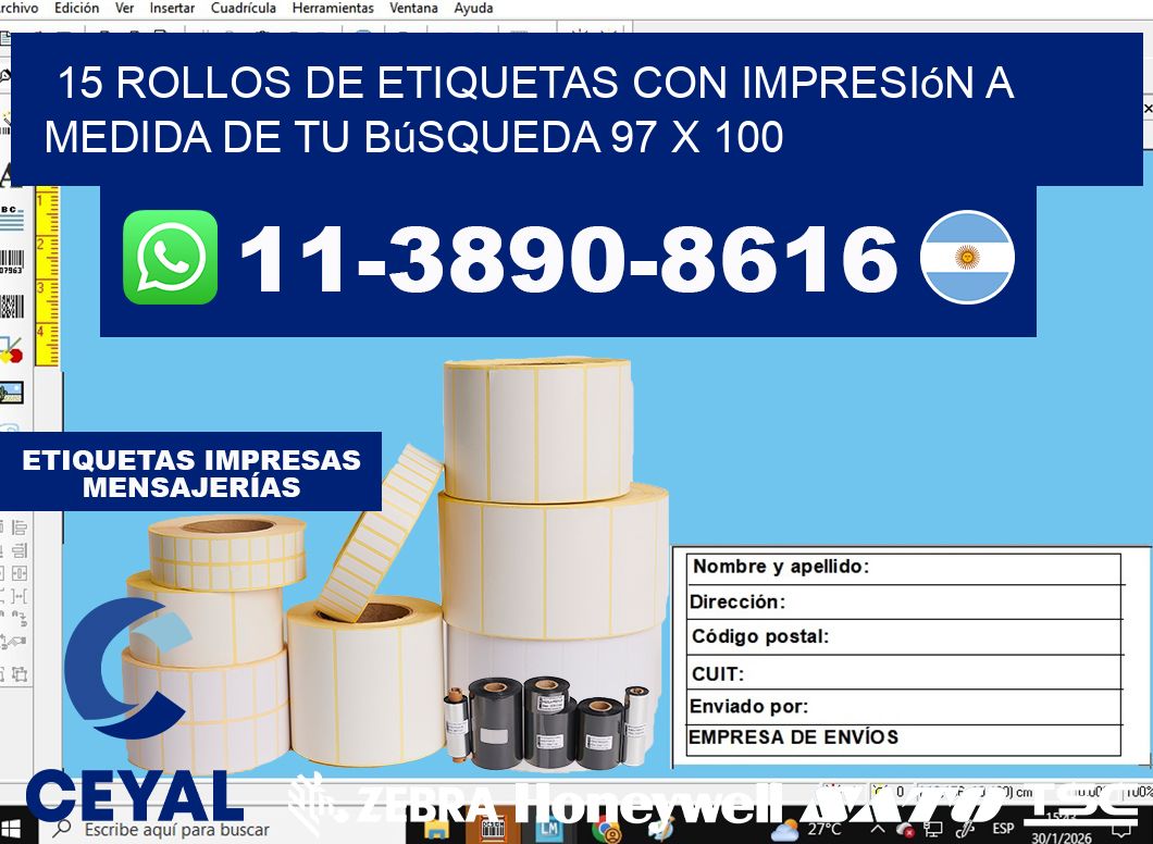 15 rollos de etiquetas con impresión a medida de tu búsqueda 97 x 100