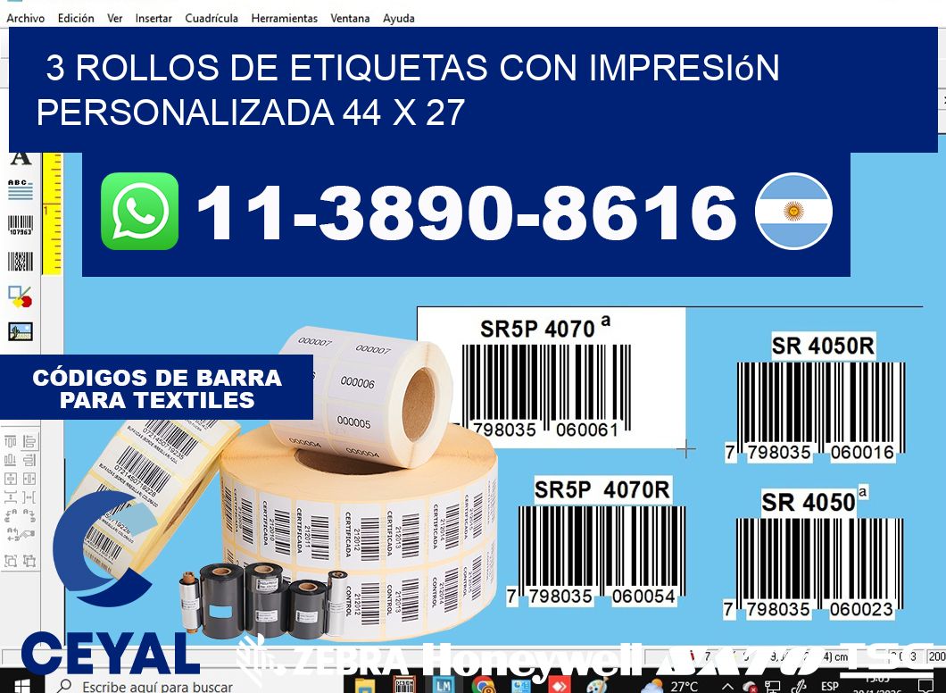 3 rollos de etiquetas con impresión personalizada 44 x 27