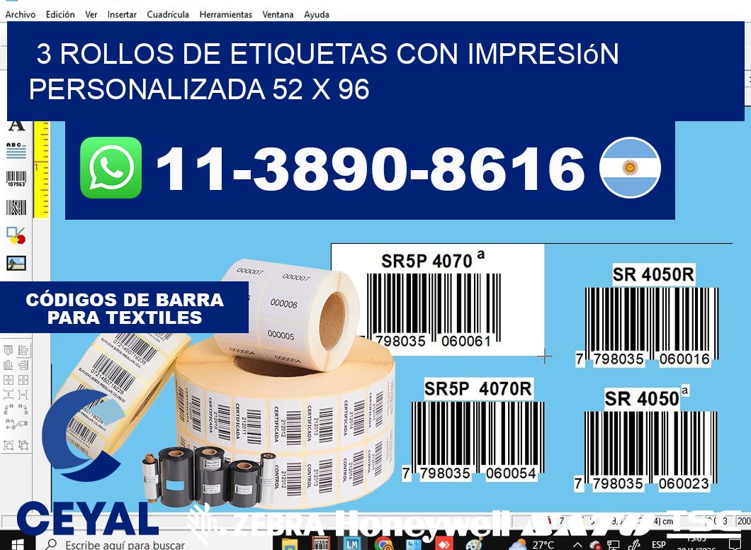 3 rollos de etiquetas con impresión personalizada 52 x 96