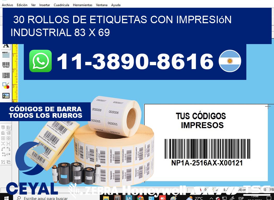 30 rollos de etiquetas con impresión industrial 83 x 69