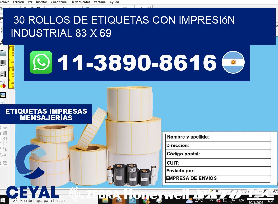 30 rollos de etiquetas con impresión industrial 83 x 69
