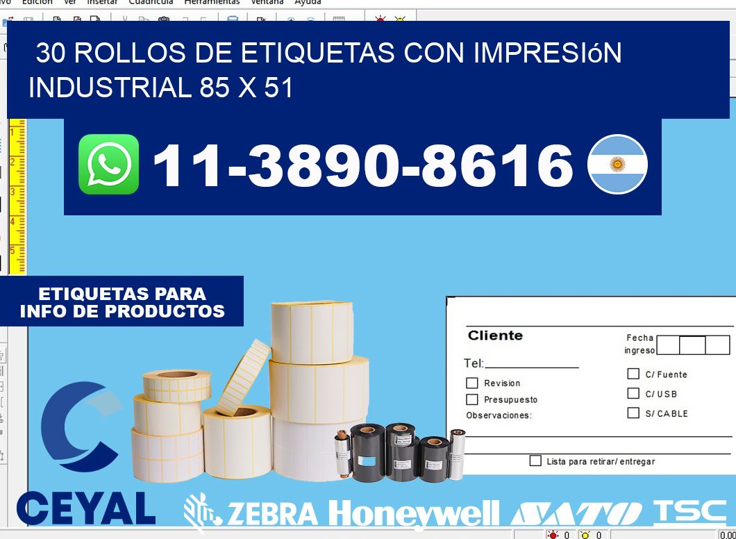 30 rollos de etiquetas con impresión industrial 85 x 51