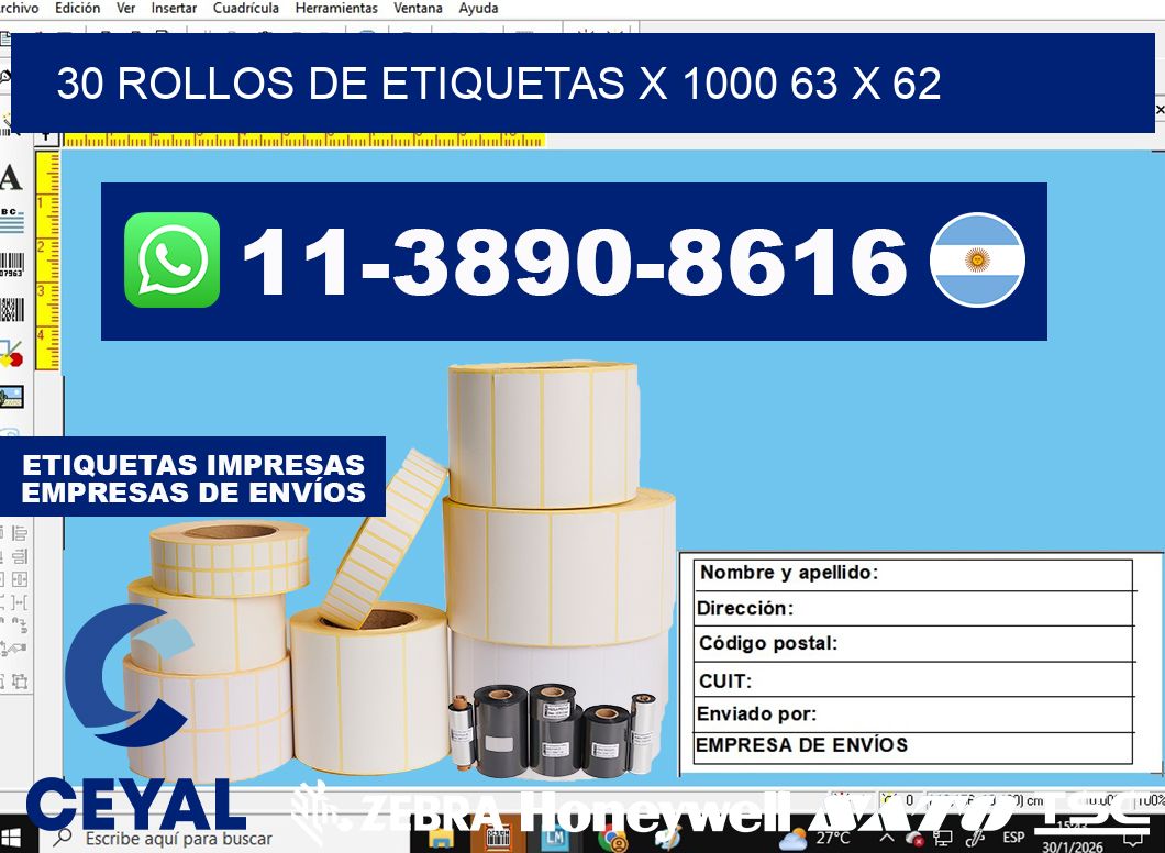 30 rollos de etiquetas x 1000 63 x 62