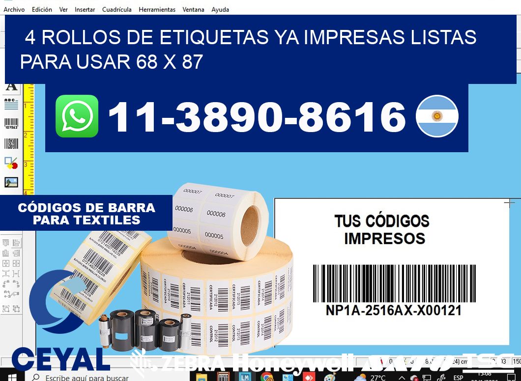 4 rollos de etiquetas ya impresas listas para usar 68 x 87