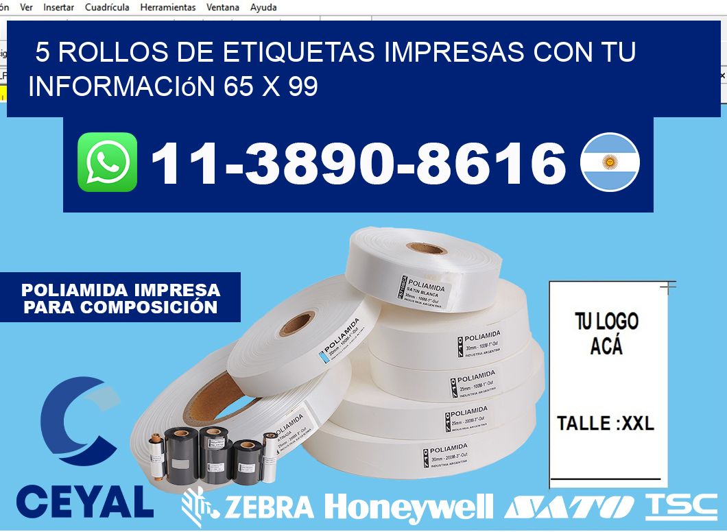 5 rollos de etiquetas impresas con tu información 65 x 99