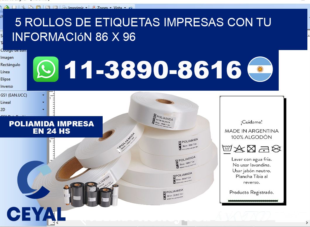 5 rollos de etiquetas impresas con tu información 86 x 96