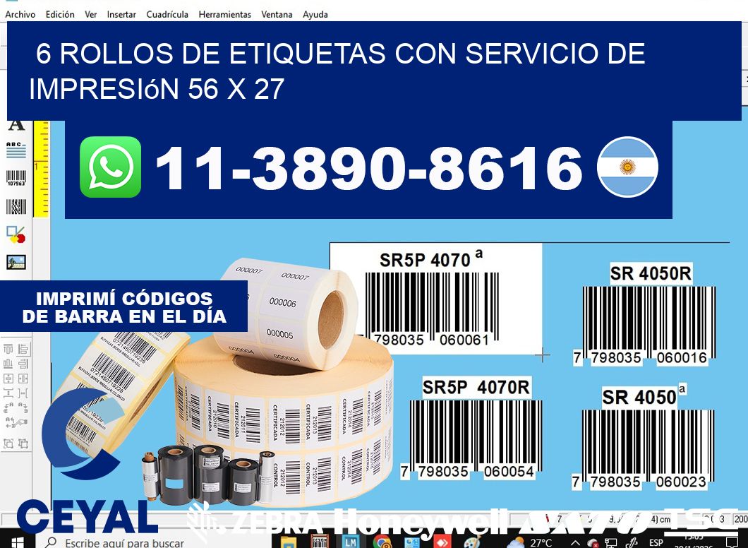6 rollos de etiquetas con servicio de impresión 56 x 27