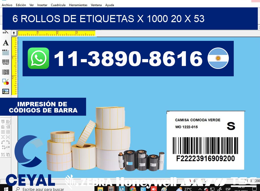 6 rollos de etiquetas x 1000 20 x 53